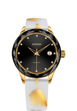 טען תמונה למציג הגלריה, J6.243.M Jowissa Tiro 38mm, Swiss Made Ladies Watch gold / black, Steel Case and Silicone Strap Front View - Swiss Made Damenuhren, gold / schwarz, Stahlgehäuse und Armband aus Silikon, Vorderseite - Swiss made Montre, or / noire, boîtier en acier et bracelet en silicone, Vue de face - Fabbricato in Svizzera, Orologio da donna, oro, cassa in acciaio e cinturino in vera silicone, vista frontale - Elaborado en Suiza, reloj de señoras, oro, caja de acero y correa de silicon