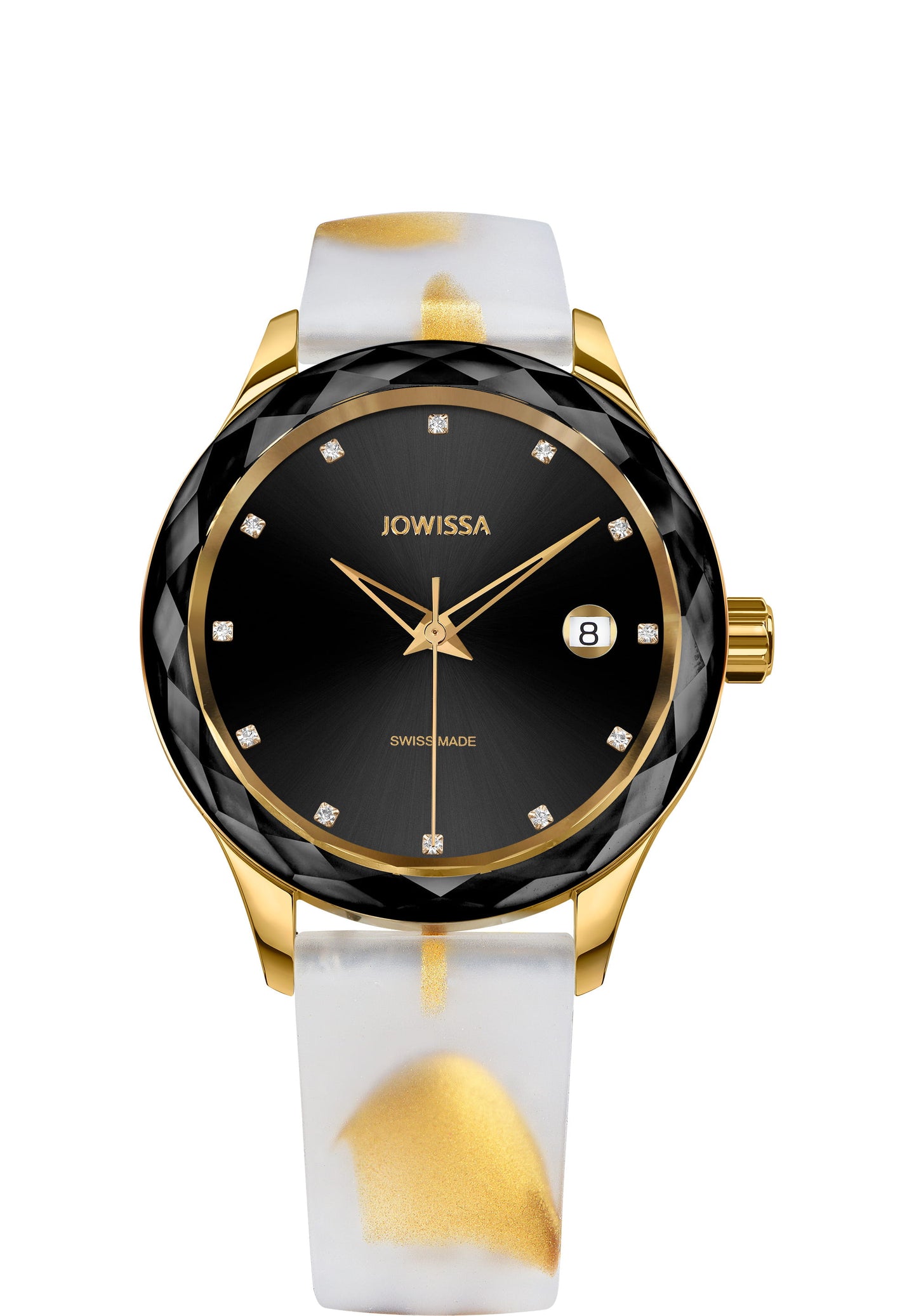 J6.243.M Jowissa Tiro 38mm, Swiss Made Ladies Watch gold / black, Steel Case and Silicone Strap Front View - Swiss Made Damenuhren, gold / schwarz, Stahlgehäuse und Armband aus Silikon, Vorderseite - Swiss made Montre, or / noire, boîtier en acier et bracelet en silicone, Vue de face - Fabbricato in Svizzera, Orologio da donna, oro, cassa in acciaio e cinturino in vera silicone, vista frontale - Elaborado en Suiza, reloj de señoras, oro, caja de acero y correa de silicon