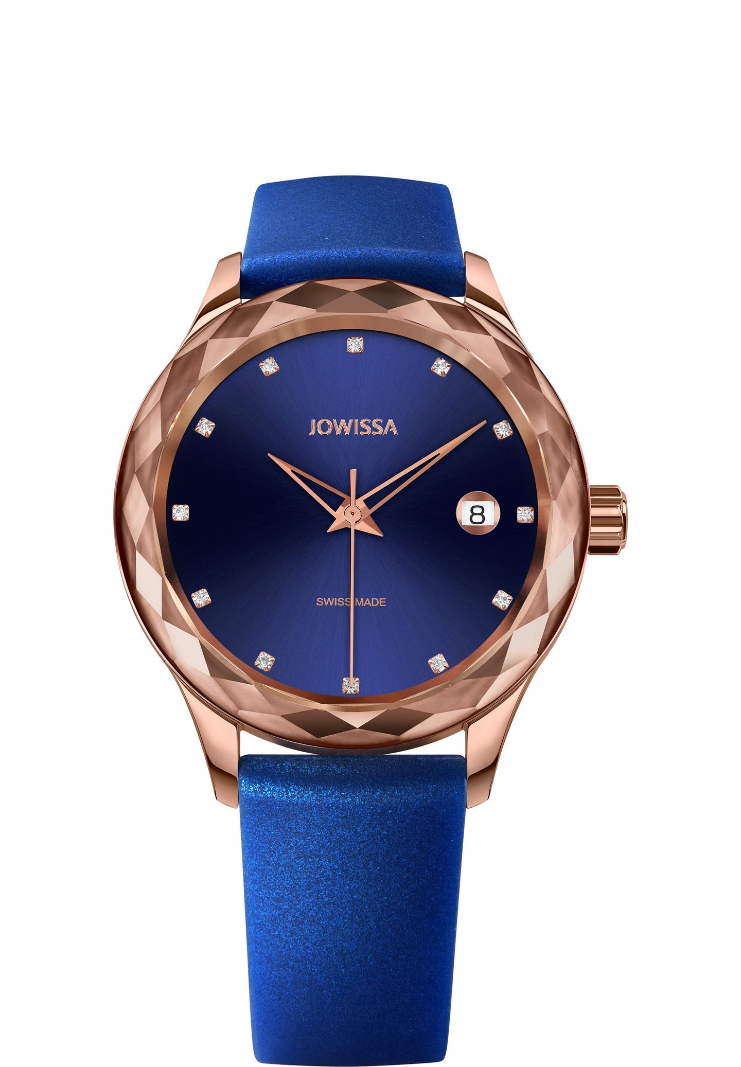 J6.247.M Jowissa Tiro 38mm, Swiss Made Ladies Watch roségold / blau, Steel Case and Silicone Strap Front View - Swiss Made Damenuhren, rose gold / blue, Stahlgehäuse und Armband aus Silikon, Vorderseite - Swiss made Montre, or / bleu, boîtier en acier et bracelet en silicone, Vue de face